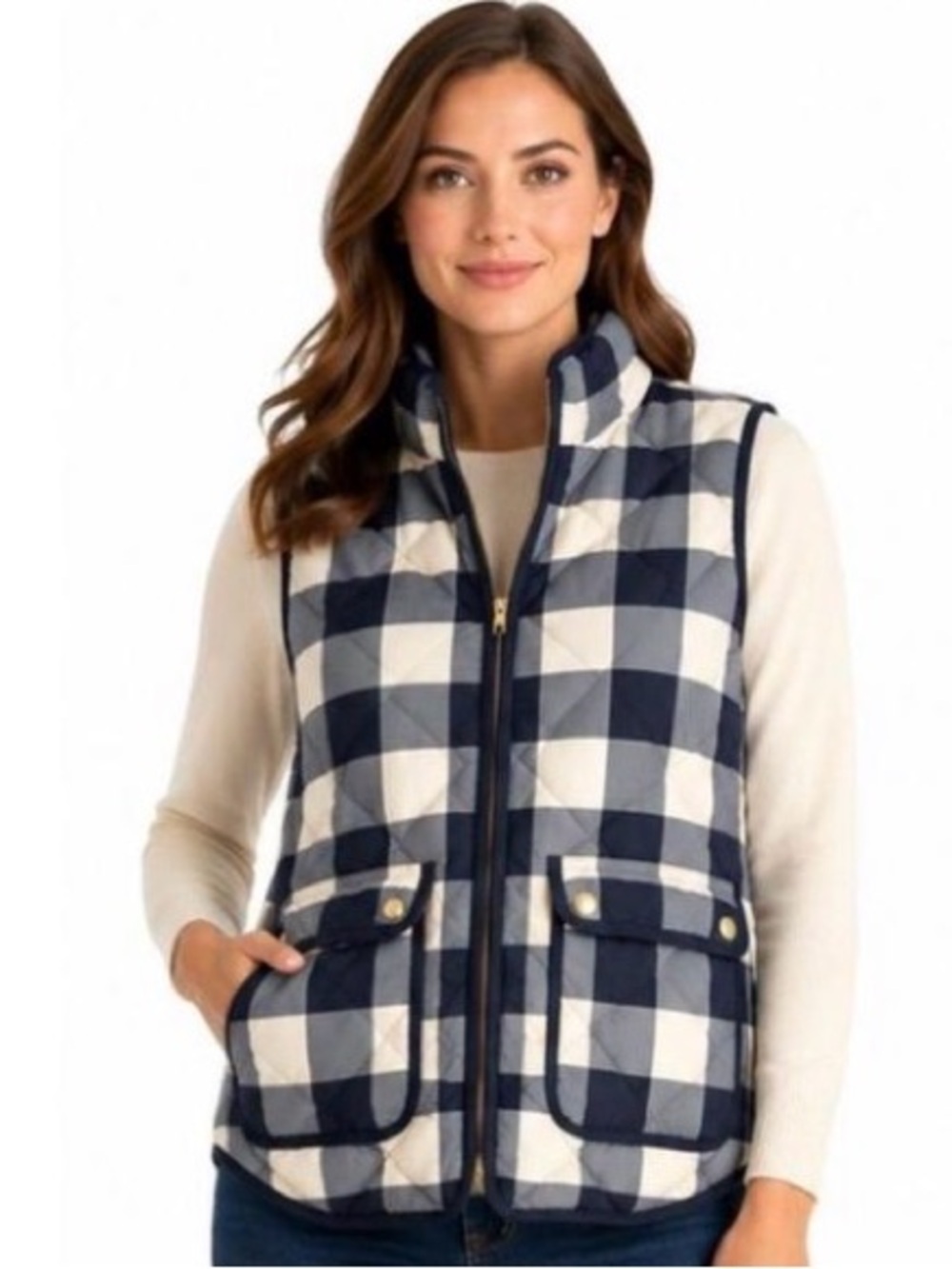 J.Crew Women's Navy Ivory Gingham Quilted Excursion Down Vest Size XS